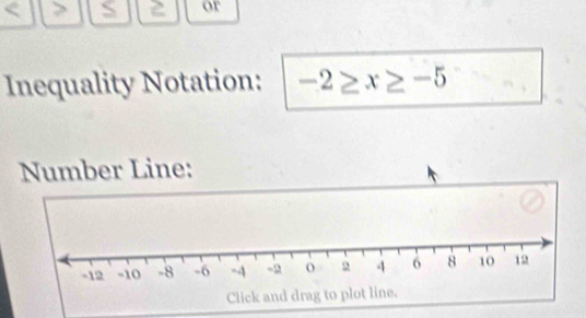 or 
Inequality Notation: -2≥ x≥ -5
Number Line: 
Clic