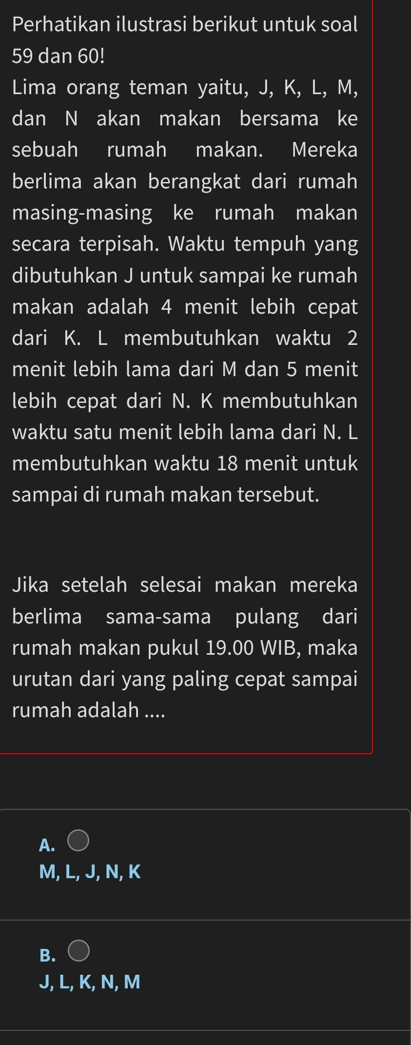 Perhatikan ilustrasi berikut untuk soal
59 dan 60!
Lima orang teman yaitu, J, K, L, M,
dan N akan makan bersama ke
sebuah rumah makan. Mereka
berlima akan berangkat dari rumah
masing-masing ke rumah makan
secara terpisah. Waktu tempuh yang
dibutuhkan J untuk sampai ke rumah
makan adalah 4 menit lebih cepat
dari K. L membutuhkan waktu 2
menit lebih lama dari M dan 5 menit
lebih cepat dari N. K membutuhkan
waktu satu menit lebih lama dari N. L
membutuhkan waktu 18 menit untuk
sampai di rumah makan tersebut.
Jika setelah selesai makan mereka
berlima sama-sama pulang dari
rumah makan pukul 19.00 WIB, maka
urutan dari yang paling cepat sampai
rumah adalah ....
A. ○
M, L, J, N, K
B.
J, L, K, N, M