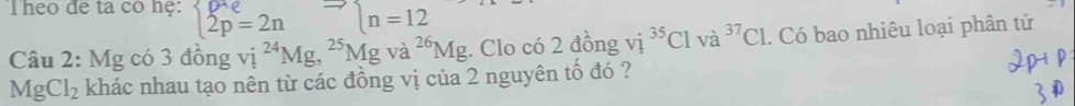 Theo đề ta có hệ: beginarrayl p+e 2p=2nendarray.  vector n=12
Câu 2: Mg có 3 đồng vi^(24)Mg, ^25Mgva^(26)Mg Mg. Clo có 2 đồng vị ^35Clva^(37)Cl. Có bao nhiêu loại phân tử
MgCl_2 khác nhau tạo nên từ các đồng vị của 2 nguyên tố đó ?