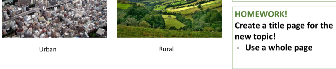 HOMEWORK! 
Create a title page for the 
new topic! 
Urban Rural Use a whole page