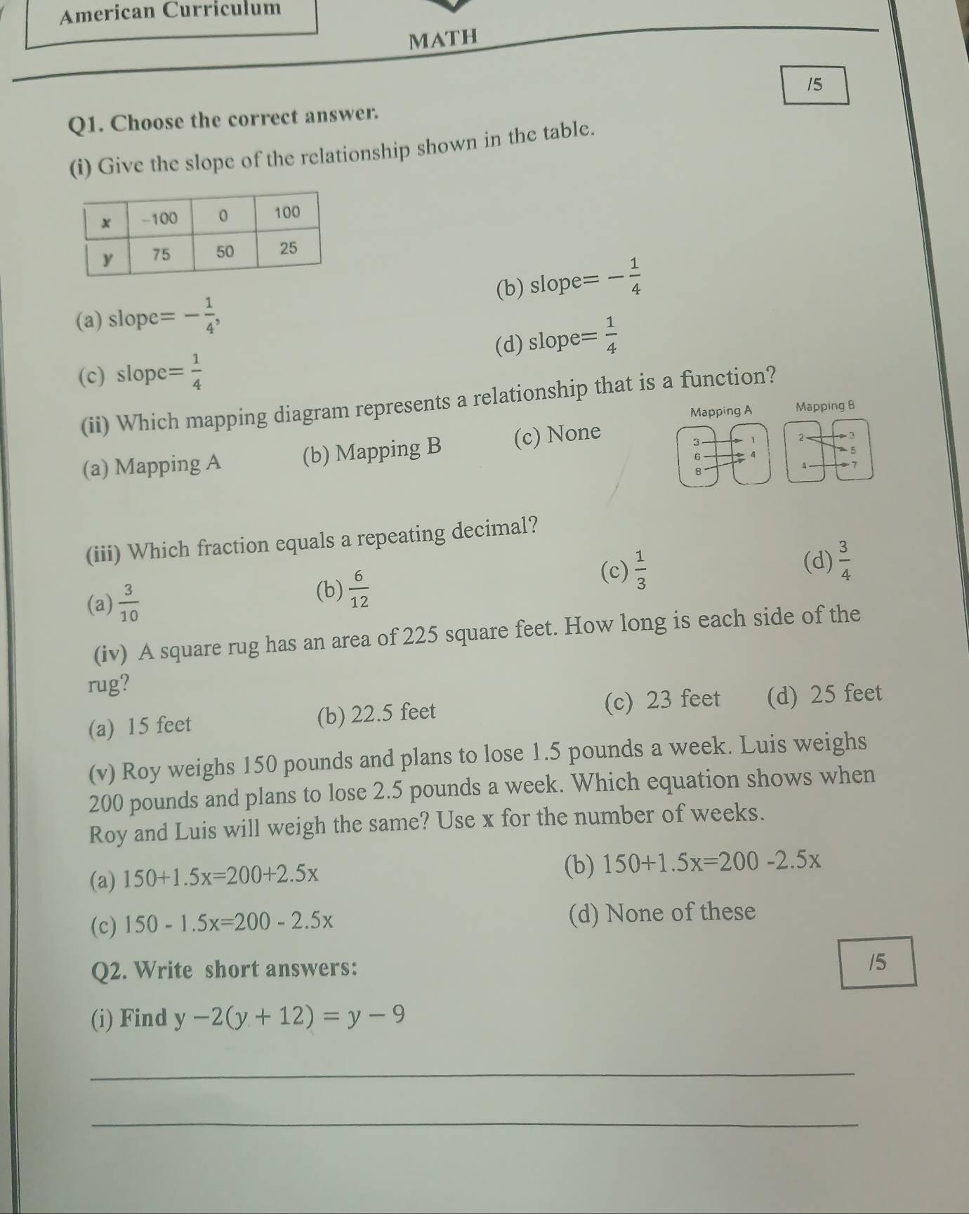 تم الحل:American Curriculum MATH 15 Q1. Choose the correct answer. (i ...