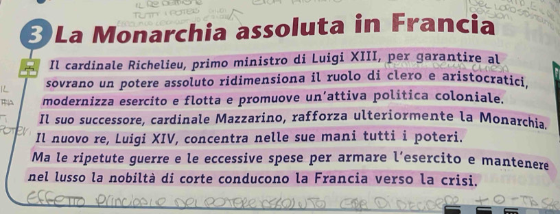 La Monarchia assoluta in Francia 
Il cardinale Richelieu, primo ministro di Luigi XIII, per garantire al 
sovrano un potere assoluto ridimensiona il ruolo di clero e aristocratici, 
modernizza esercito e flotta e promuove un’attiva política coloniale. 
Il suo successore, cardinale Mazzarino, rafforza ulteriormente la Monarchia. 
Il nuovo re, Luigi XIV, concentra nelle sue mani tutti i poteri. 
Ma le ripetute guerre e le eccessive spese per armare l’esercito e mantenere 
nel lusso la nobiltà di corte conducono la Francia verso la crisi.