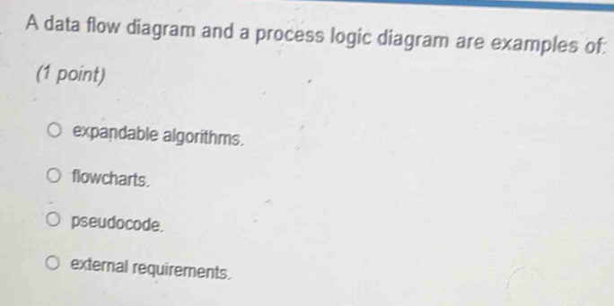 A data flow diagram and a process logic diagram are examples of:
(1 point)
expandable algorithms.
flowcharts.
pseudocode.
external requirements.