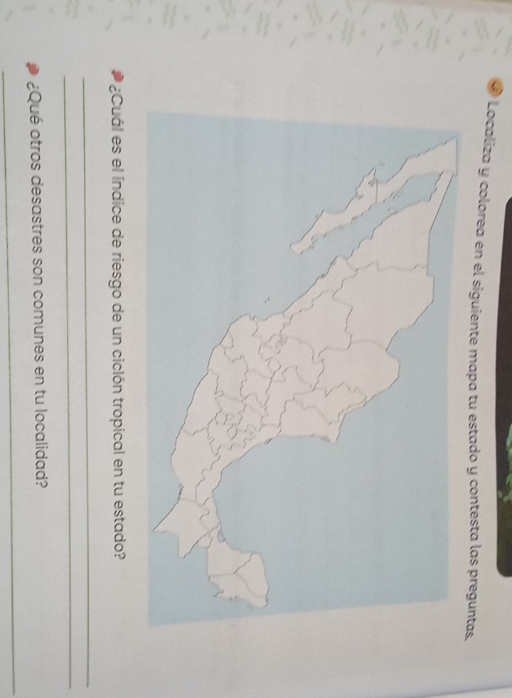 Localiza y colorea en el siguiente mapa tu estado y contesta las preguntas. 
¿Cuál es el índice de riesgo de un ciclón tropical en tu estado? 
_ 
_ 
¿Qué otros desastres son comunes en tu localidad? 
_