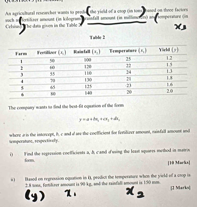 An agricultural researcher wants to predié the yield of a crop (in tons) based on three factors
such as fertilizer amount (in kilogram grainfall amount (in millimeters) and temperature (in
Celsius). (The data given in the Table 2
Table 2
The company wants to find the best-fit equation of the form
y=a+bx_1+cx_2+dx_3
where a is the intercept, b, c and d are the coefficient for fertilizer amount, rainfall amount and
temperature, respectively.
i)    Find the regression coefficients a, b, cand ausing the least squares method in matrix
form.
[10 Marks]
ii) Based on regression equation in i), predict the temperature when the yield of a crop is
2.8 tons, fertilizer amount is 90 kg, and the rainfall amount is 150 mm.
[2 Marks]