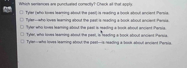 Which sentences are punctuated correctly? Check all that apply.
Abc Tyler (who loves learning about the past) is reading a book about ancient Persia.
Tyler—who loves learning about the past is reading a book about ancient Persia.
Tyler who loves learning about the past is reading a book about ancient Persia.
Tyler, who loves learning about the past, is reading a book about ancient Persia.
Tyler—who loves learning about the past—is reading a book about ancient Persia.