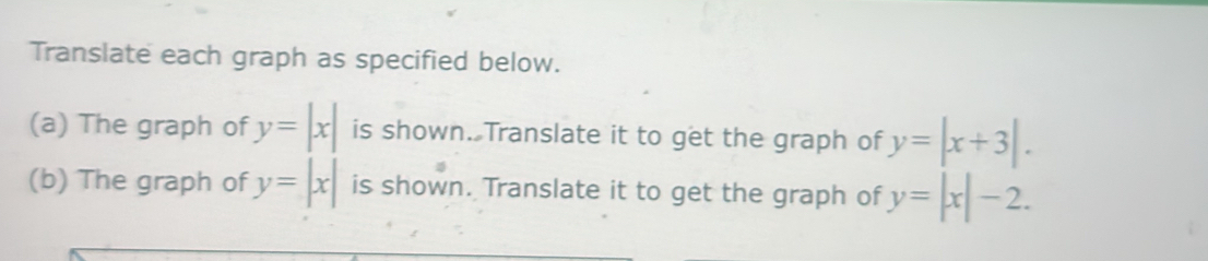 Translate each graph as specified below. 
(a) The graph of y=|x| is shown. Translate it to get the graph of y=|x+3|. 
(b) The graph of y=|x| is shown. Translate it to get the graph of y=|x|-2.
