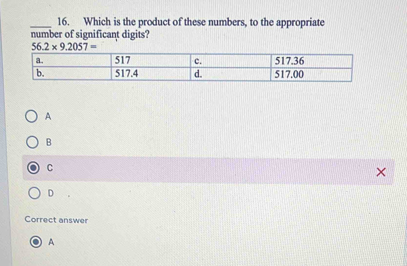 Which is the product of these numbers, to the appropriate
number of significant digits?
A
B
C
×
D
Correct answer
A