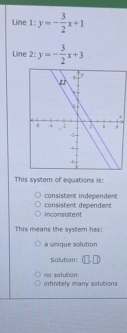 Line 1: y=- 3/2 x+1
Line 2: y=- 3/2 x+3
This system of equations is:
consistent independent
consistent dependent
inconsistent
This means the system has:
a unique solution
Solution:
no solution
infinitely many solutions