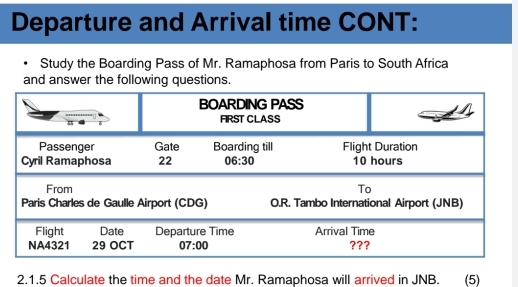 Departure and Arrival time CONT:
Study the Boarding Pass of Mr. Ramaphosa from Paris to South Africa
and answer the following questions.
2.1.5 Calculate the time and the date Mr. Ramaphosa will arrived in JNB. (5)