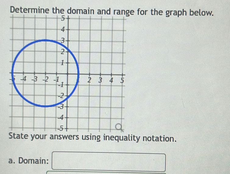 Determine the for the graph below. 
State your answers using inequality notation. 
a. Domain: □ |