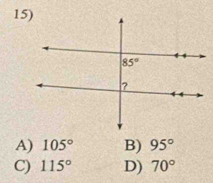 A) 105° B) 95°
C) 115° D) 70°