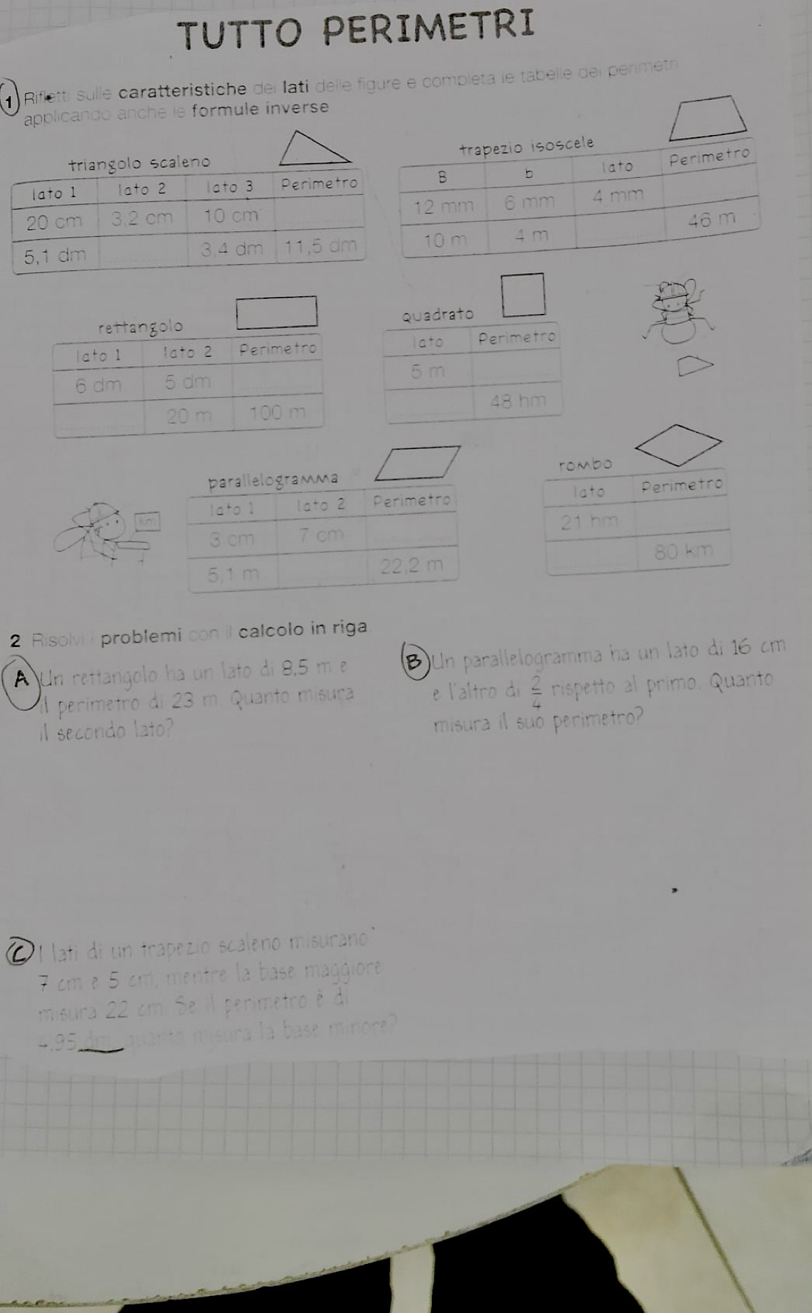 TUTTO PERIMETRI 
Rifletti sulle caratteristiche del lati delle figure e completa le tabelle del permétn 
applicando anche ie formule inverse 
iangolo scaleno 
rettangolo Quadrato 
lato 
Perimetro
5 m
48 hm
rombo 
lato 
Perimetro
21 hm
80 km
2 Risolvi i problemi con il calcolo in riga 
Un rettangolo ha un lato di 8,5 m e B Un parallelogramma ha un lato di 16 cm
il perímetro di 23 m. Quanto misuça e l'altro di  2/4  rispetto al primo. Quanto 
i secondo lato? misura il suó perimetro? 
' I latí di un trapezio scaleno misurano'
7 cm e 5 cm, mentre la base maggiore 
misura 22 cm. Se il perimetro é di
4.95 anto misura la base minore?