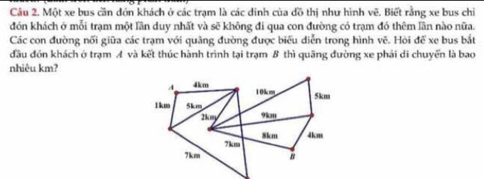 Một xe bus cần dón khách ở các trạm là các đinh của đồ thị như hình vẽ. Biết rằng xe bus chỉ 
đón khách ở mỗi trạm một lần duy nhất và sẽ không đi qua con đường có trạm đó thêm lần nào nữa. 
Các con đường nối giữa các trạm với quãng đường được biểu diễn trong hình vẽ. Hòi đế xe bus bắt 
đầu đón khách ở trạm A và kết thúc hành trình tại trạm B thì quãng đường xe phải di chuyển là bao 
nhiêu km?
4 4km
10km 5km
1km 5km
2kmy 9km
8km 4km
7km
7km B