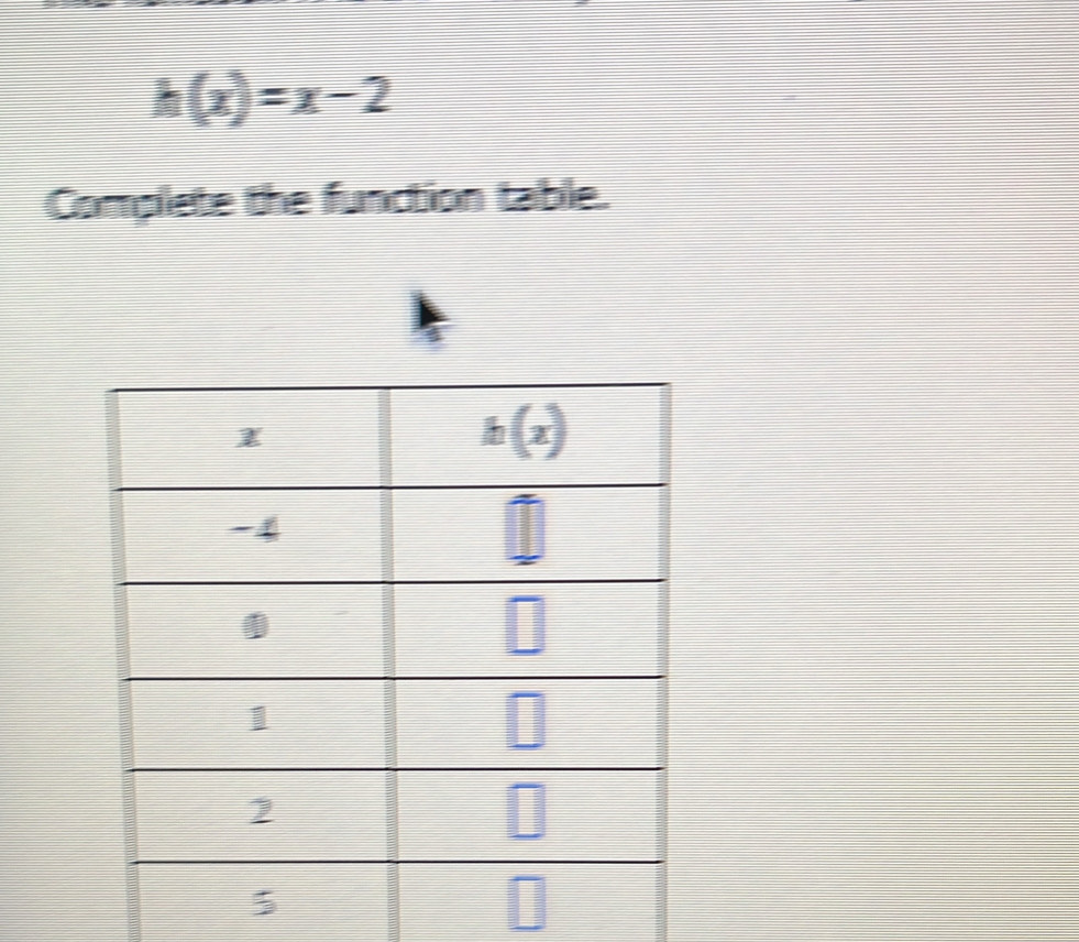 h(x)=x-2
Complete the function table.
_ □ 