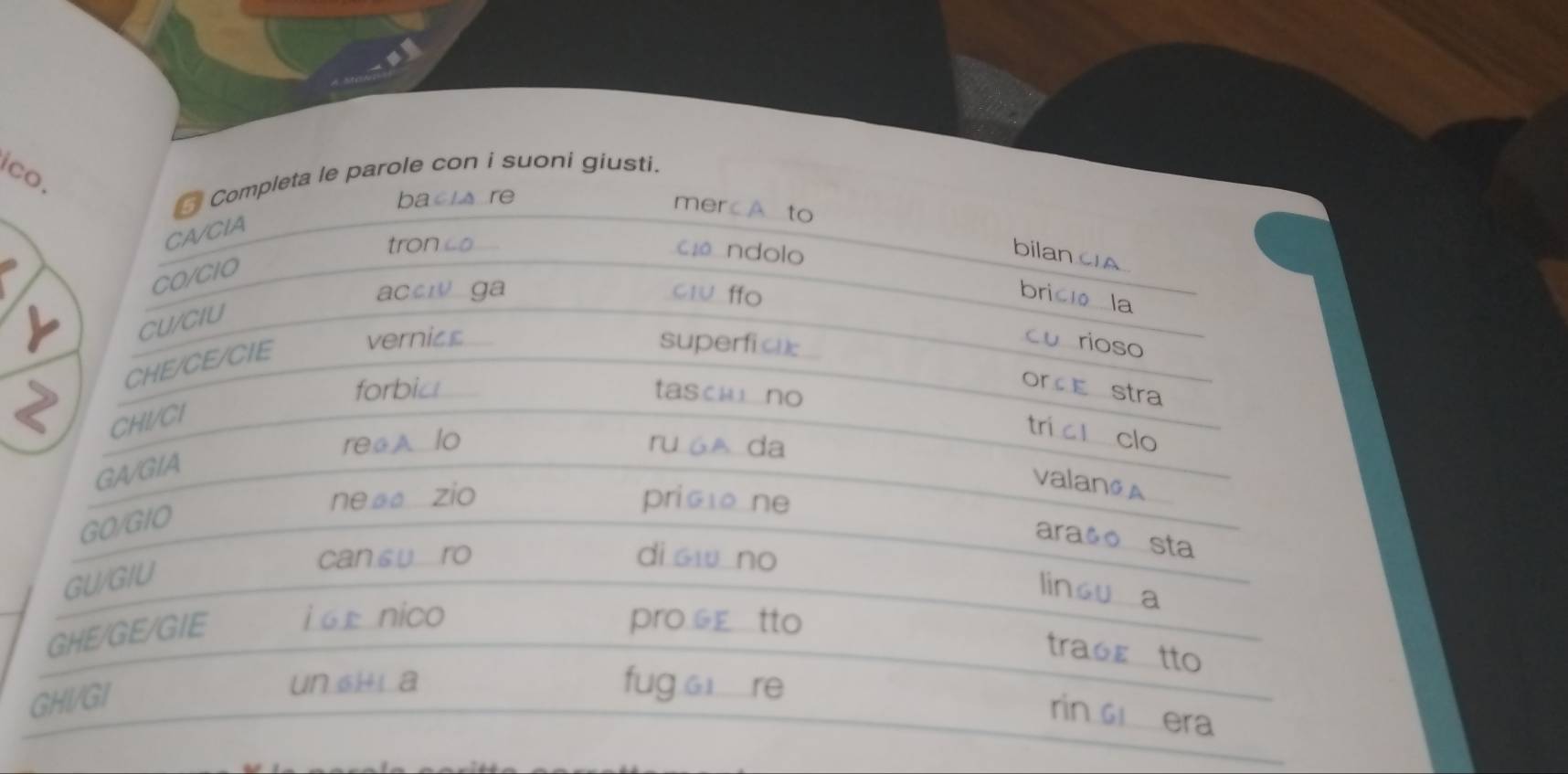 ico. 
* Completa le parole con i suoni giusti. 
bacla re 
merc A to 
CA/CIA 
tron co 
c ndolo bilanCA 
CO/CIO 
ac ga clu ffo bricu la 
CU/CIU 
CHE/CE/CIE 
verniss superficc 
cu rioso 
forbia tasc no 
orde stra 
CHI/CI 
tri l clo 
reaA lo ru 6A da 
GA/GIA 
valang A 
ne a zio pric ne 
GO/GIO 
araço sta 
GU/GIU 
can s u ro di sw no 
linou a 
GHE/GE/GIE i 6 £ nico pro Ge tto 
tracɛ tto 
GHVGI 
un sHi a fug.G re 
rin G era