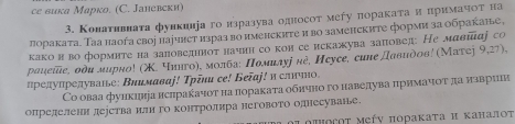 се вика Марко. (С. Ланевски) 
3. Κонаτнвнаτа фуикинеа го нзразува односοт мегу πораκаτа и πримаηοτна 
лораката. Таа наоїа своj наjчнет израз во именските и во заменските форми за обракане, 
какои во формнте на заловедннот начнн со кон се искажува заповед: Не мαвннαु со 
раиеше, оδи лирно! (Χ. чингоή, молбаς Πомилуу не, Нсусе, сиие давидов! (Маτеj 9,27), 
предупредуване: Виимαвαj! Трέни се! Беїαj! и слнчно. 
Со оваа функиніа нслраκачοτ на пораката обнчно го наведува πримачοτ да изврин 
опрелелени деретва или го контролира неговото олнесуване 
απμοεοτ Μείν πορακаτα и κанαлοτ