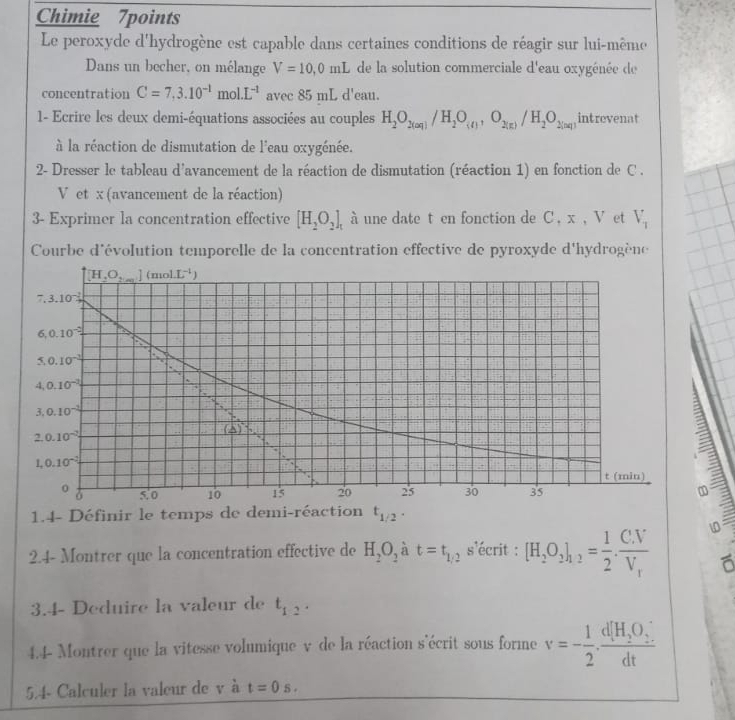 Chimie 7points
Le peroxyde d'hydrogène est capable dans certaines conditions de réagir sur lui-même
Dans un becher, on mélange V=10,0mL de la solution commerciale d'eau oxygénée de
concentration C=7,3.10^(-1)mol.L^(-1) avec 85 mL d'eau.
1- Ecrire les deux demi-équations associées au couples H_2O_2(aq)/H_2O_(q),O_2(g)/H_2O_2(nq) intrevenat
à la réaction de dismutation de l'eau oxygénée.
2- Dresser le tableau d'avancement de la réaction de dismutation (réaction 1) en fonction de C .
V et x (avancement de la réaction)
3- Exprimer la concentration effective [H_2O_2]_t à une date t en fonction de C , x , V et V_1
Courbe d'évolution temporelle de la concentration effective de pyroxyde d'hydrogène
1.4- Définir le temps de demi-réaction t_1/2.
2.4- Montrer que la concentration effective de H_2O_2 a t=t_1/2 s'écrit : [H_2O_2]_1,2= 1/2 .frac CNV_r
3.4- Deduire la valeur de t_1:2.
4.4- Montrer que la vitesse volumique v de la réaction s'écrit sous forme v=- 1/2 · frac d[H_2O_(2-)^(·)dt
5.4- Calculer la valeur de v à t=0s.