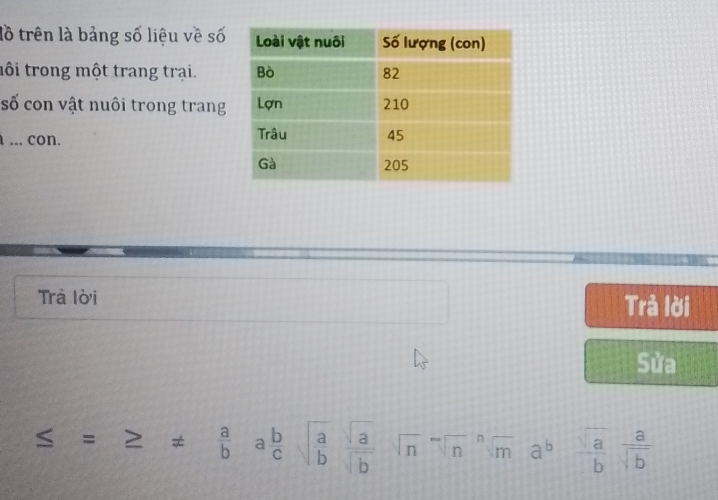 lồ trên là bảng số liệu về số 
môi trong một trang trại. 
số con vật nuôi trong trang 
... con. 
Trả lời Trả lời 
Sửa
≤ =≥  a/b a b/c sqrt(frac a)b sqrt(a)/sqrt(b) sqrt(n)sqrt[n](a)a^b sqrt(a)/b sqrt(b)