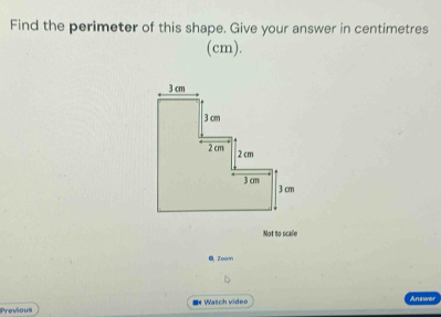 Find the perimeter of this shape. Give your answer in centimetres 
(cm). 
Not to scale 
Zoom 
Previous =* Wasch video Answer