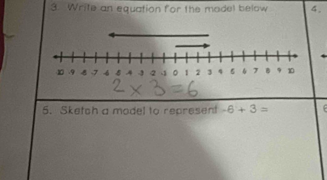 Write an equation for the madel below 4. 
5. Sketch a model to represent -6+3=