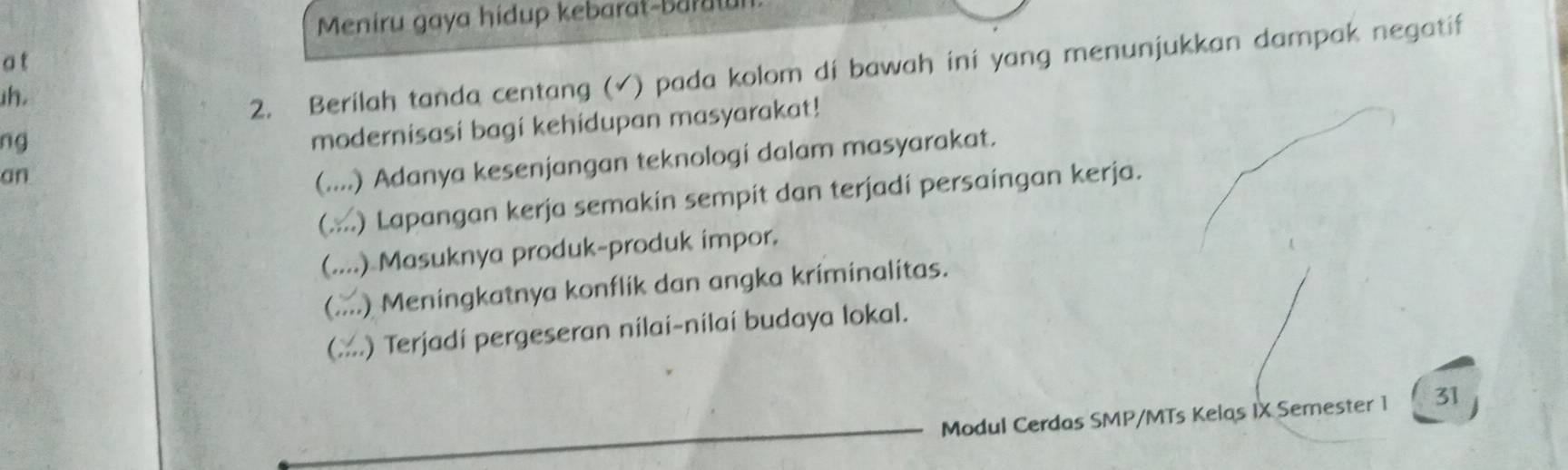 Meniru gaya hidup kebarat-baraw
a t
h.
2. Berilah tanda centang (√) pada kolom di bawah ini yang menunjukkan dampak negatif
ng
modernisasi bagi kehidupan masyarakat!
an
(....) Adanya kesenjangan teknologi dalam masyarakat.
( ) Lapangan kerja semakin sempit dan terjadí persaingan kerja.
(....) Masuknya produk-produk impor.
(....) Meningkatnya konflik dan angka kriminalitas.
(....) Terjadi pergeseran nilai-nilai budaya lokal.
Modul Cerdas SMP/MTs Kelas IX Semester 1 31