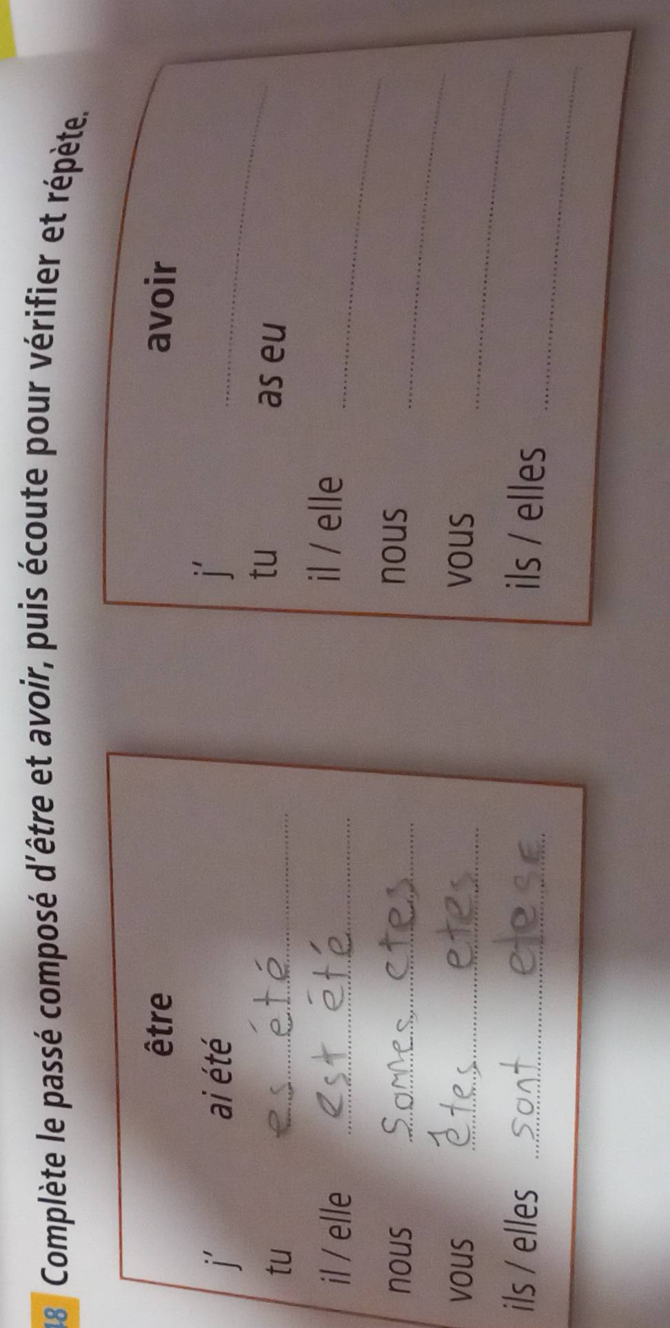 Complète le passé composé d'être et avoir, puis écoute pour vérifier et répète. 
être avoir 
ai été 
tu 
_ 
tu _as eu 
il / elle_ 
_ 
il / elle 
nous _nous_ 
_ 
vous _vous 
_ 
ils / elles _ils / elles