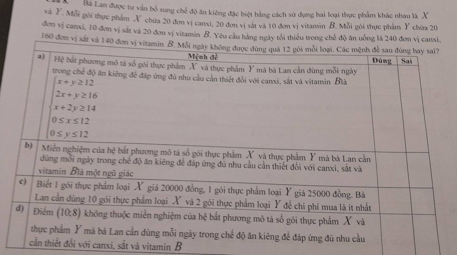 Bà Lan được tư vẫn bồ sung chế độ ăn kiêng đặc biệt bằng cách sử dụng hai loại thực phẩm khác nhau là X
và Y. Mỗi gói thực phẩm X chứa 20 đơn vị canxi, 20 đơn vị sắt và 10 đơn vị vitamin B. Mỗi gói thực phẩm Y chứa 20
đơn vị canxi, 10 đơn vị sắt và 20 đơn vị vitamin B. Yêu cầu hằng ngày tối thiểu trong chế độ ăn uống là 240 đơn vị canxi,
160 đơn vị sắt và 140 đơ
ới canxi, sắt và vitamin B