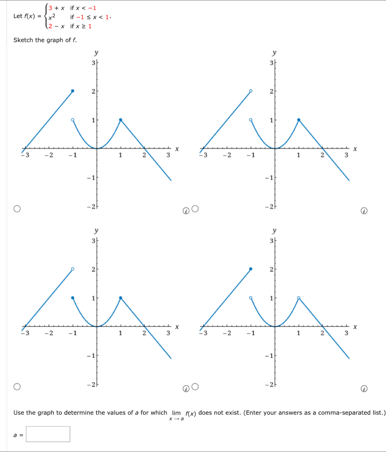 Let f(x)=beginarrayl 3+xifx <1. 2-xifx≥ 1endarray.
Sketch the graph of f.

Use the graph to determine the values of a for which limlimits _xto af(x) does not exist. (Enter your answers as a comma-separated list.)
a=□