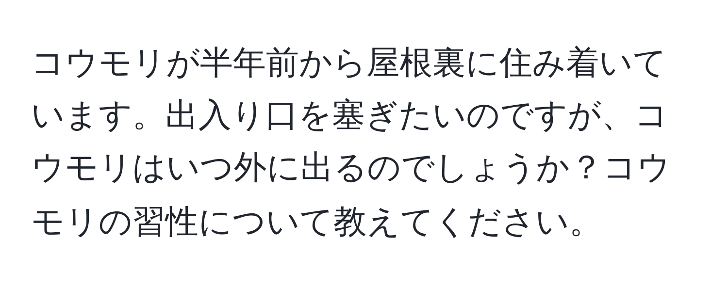 コウモリが半年前から屋根裏に住み着いています。出入り口を塞ぎたいのですが、コウモリはいつ外に出るのでしょうか？コウモリの習性について教えてください。