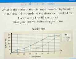 16 10 
What is the ratio of the distance travelled by Scarlett 
in the first 60 seconds to the distance travelled by 
Harry in the first 60 seconds? 
Give your answer in its simplest form. 
Running race
290 2 40
H_1
129 160 fory
6
44
4 40 79. 10 20 , 9 Time (sessnfs)