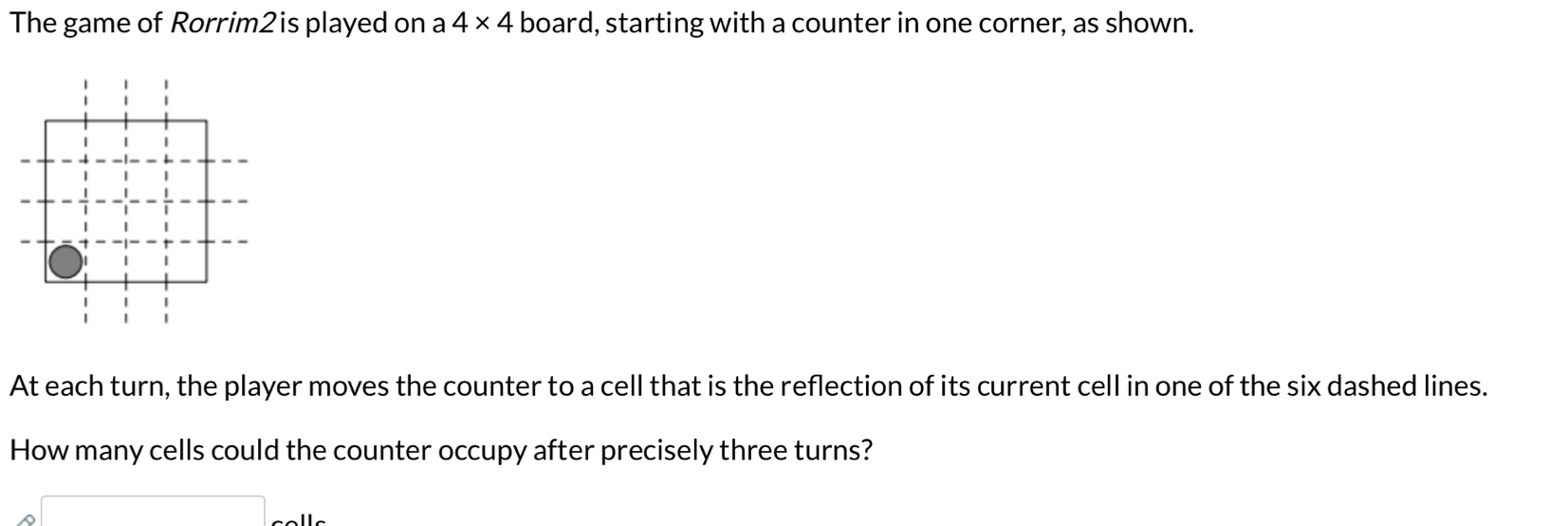 The game of Rorrim2is played on a 4* 4 board, starting with a counter in one corner, as shown. 
At each turn, the player moves the counter to a cell that is the reflection of its current cell in one of the six dashed lines. 
How many cells could the counter occupy after precisely three turns?
□ approx 111