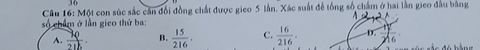 Một con súc sắc cần đổi đồng chất được gico 5 lần. Xác suất để tổng số chẩm ở hai lần gico đầu bằng
số châm ở lần gico thứ ba:
A.  7Q/21b . B.  15/216 . C.  16/216 .