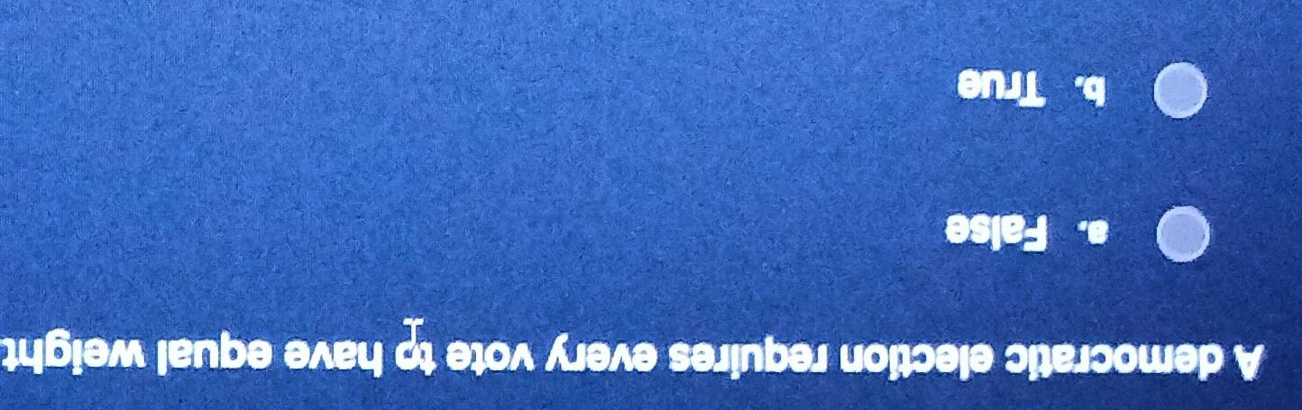 A democratic election requires every vote to have equal weight
a. False
b. True