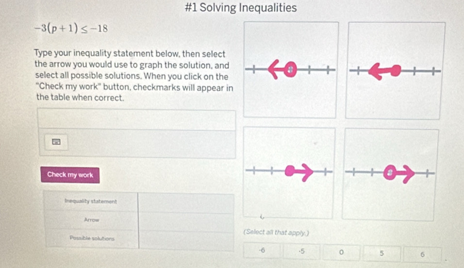 #1 Solving Inequalities
-3(p+1)≤ -18
Type your inequality statement below, then select 
the arrow you would use to graph the solution, and 
select all possible solutions. When you click on the 
"Check my work' button, checkmarks will appear in 
the table when correct. 
Check my work 
Inequality statement 
Arrow 
(Select all that apply.) 
Possible solutions
-6 ·5 0 5 6