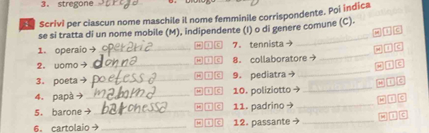 stregone 
scrivi per ciascun nome maschile il nome femminile corrispondente. Poi indica 
se si tratta di un nome mobile (M), indipendente (I) o di genere comune (C). 
MIC 
_ 
1. operaio _1 c 7. tennista 
_ 
MBC 
2. uomo _M [1C 8. collaboratore → 
M①C 
M 1 c 
3. poeta _9. pediatra 
_ 
M①C 
4. papà → _1 c 10. poliziotto 
_ 
5. barone _n c 11. padrino _M IC 
M 
c 
c 
6. cartolaio - _12. passante_