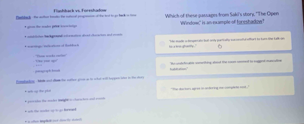 Flashback vs. Foreshadow
Flasbback - the author broks the natural progression of the text to go back in time Which of these passages from Saki's story, "The Open
* gives the reader prior knowledge Window," is an example of foreshadow?
* establishes background information about chazacters and events
* warnings/indications of flashhack to a less ghastly..." "He made a desperate but only partially successful effort to turn the talk on
- ''Thoee weeks cartier''
- ''One year ago'
"An undefinable something about the room seemed to suggest masculine
. . .
- paragraph break habitation."
Furshadow - hints and clum the author gives as to what will happen later in the story
* wts up the plot "The doctors agree in ordering me complete rest...."
* provides the mader tnsight to characters and events
* sets the neader up to go forward
* is often impilicit (not disctly stated)