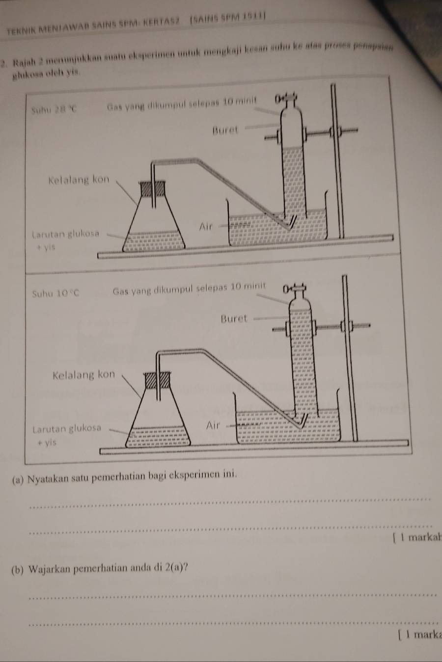 TEKNIK MENJAWAB SAINS SPM- KERTAS2  [SAINS SPM 1511]
2. Rajah 2 merunjukkan suatu eksperimen untuk mengkaji kesan suhu ke atas proses penapaan
is
(a) Nyatakan satu pemerhatian bagi eksperimen ini.
_
_
[ l markah
(b) Wajarkan pemerhatian anda di 2(a)
_
_
[ l marka