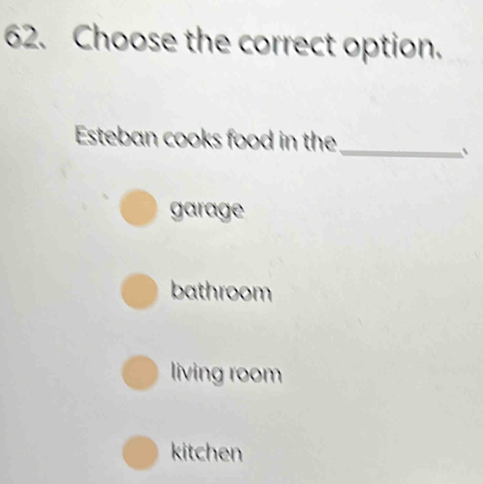 Choose the correct option.
Esteban cooks food in the_
、
garage
bathroom
living room
kitchen