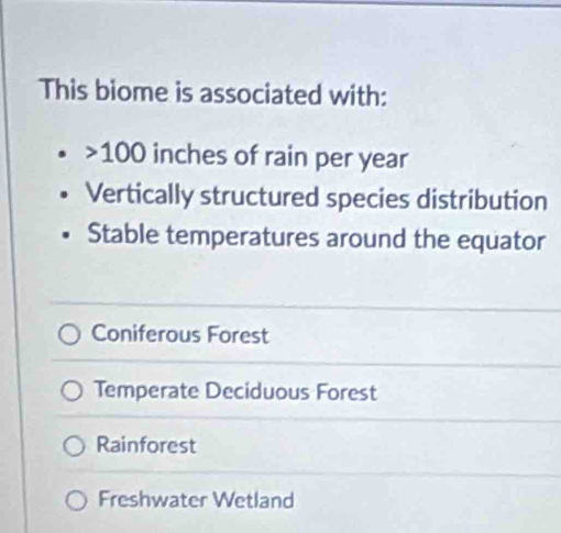 This biome is associated with:
100 inches of rain per year
Vertically structured species distribution
Stable temperatures around the equator
Coniferous Forest
Temperate Deciduous Forest
Rainforest
Freshwater Wetland