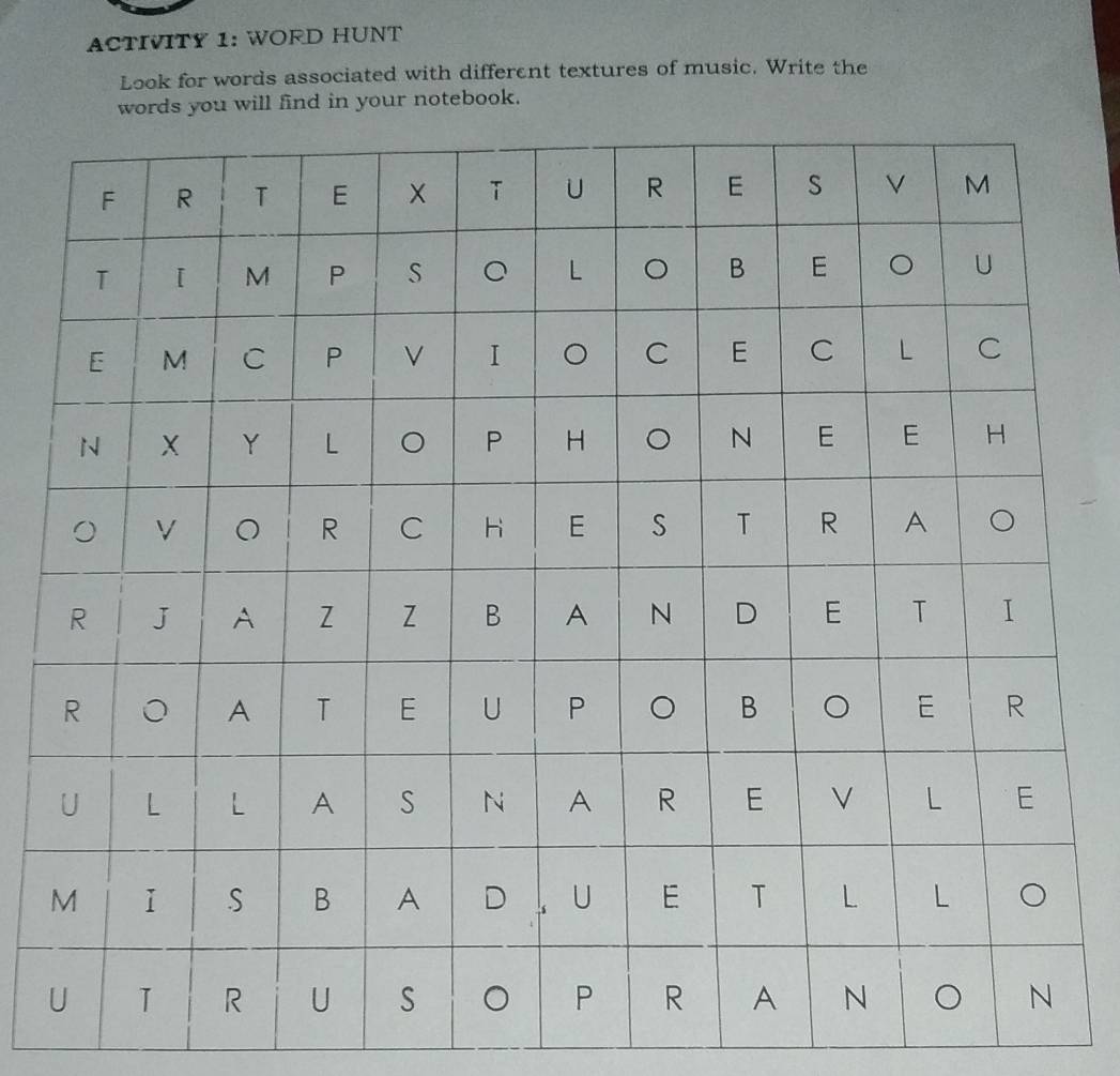 ACTIVITY 1: WORD HUNT 
Look for words associated with different textures of music. Write the 
words you will find in your notebook.