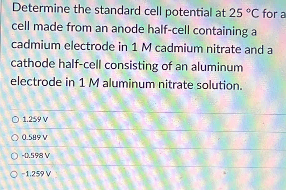 Solved: Determine the standard cell potential at 25°C for a cell made ...