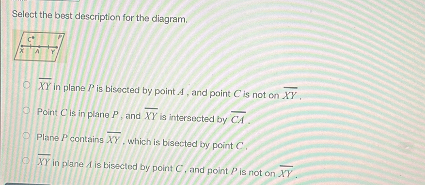 Select the best description for the diagram.
c° P
x A Y
overline XY in plane P is bisected by point A , and point C is not on overline XY.
Point C is in plane P , and overline XY is intersected by overline CA.
Plane P contains overline XY , which is bisected by point C.
overline XY in plane A is bisected by point C , and point P is not on overline XY.