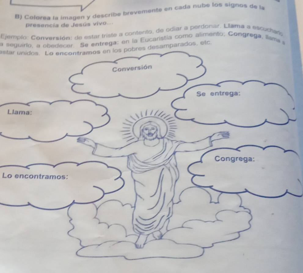 Colorea la imagen y describe brevemente en cada nube los signos de la 
presencia de Jesús vivo... 
Ejemplo: Conversión: de estar triste a contento, de odiar a perdonar. Llama a escuchar 
a seguirlo, a obedecer. Se entrega: en la Eucaristía como alimento; Congrega, llama 
estar unidos. Lo encontramos en los pobres desamparados, etc. 
L 
Lo encontramos: