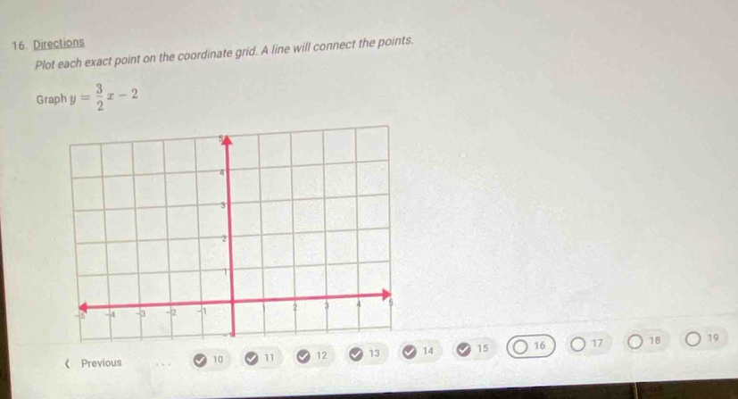 Directions 
Plot each exact point on the coordinate grid. A line will connect the points. 
Graph y= 3/2 x-2
《 Previous 10 11 12 13 14 15 16 17 18 19