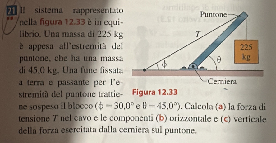 II sistema rappresentato 
nella figura 12.33 è in equi- 
librio. Una massa di 225 kg
è appesa all'estremità del 
puntone, che ha una massa 
di 45,0 kg. Una fune fissata 
a terra e passante per l'e- 
stremità del puntone trattie- Figura 12.33
ne sospeso il blocco (phi =30,0° e θ =45,0°). Calcola (a) la forza di 
tensione Tnel cavo e le componenti (b) orizzontale e (c) verticale 
della forza esercitata dalla cerniera sul puntone.