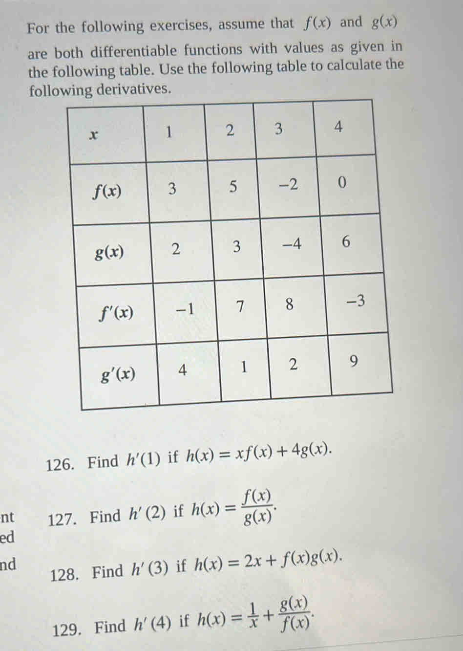 For the following exercises, assume that f(x) and g(x)
are both differentiable functions with values as given in
the following table. Use the following table to calculate the
fol
126. Find h'(1) if h(x)=xf(x)+4g(x).
nt 127. Find h'(2) if h(x)= f(x)/g(x) .
ed
nd
128. Find h'(3) if h(x)=2x+f(x)g(x).
129. Find h'(4) if h(x)= 1/x + g(x)/f(x) .