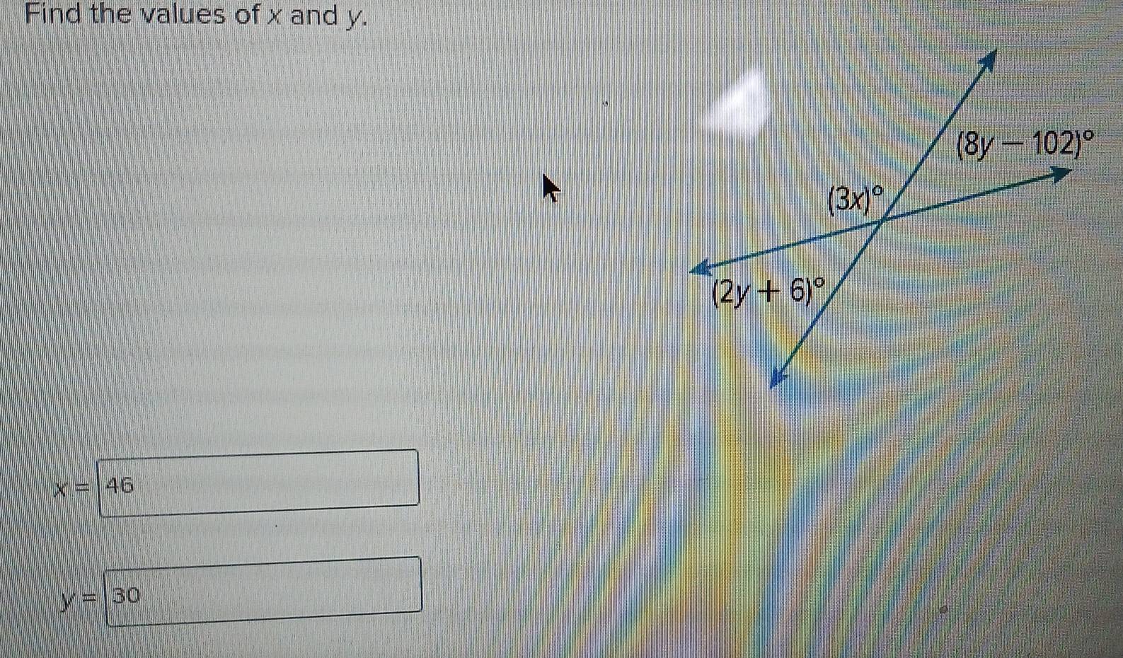 Find the values of x and y.
x=46
y=30