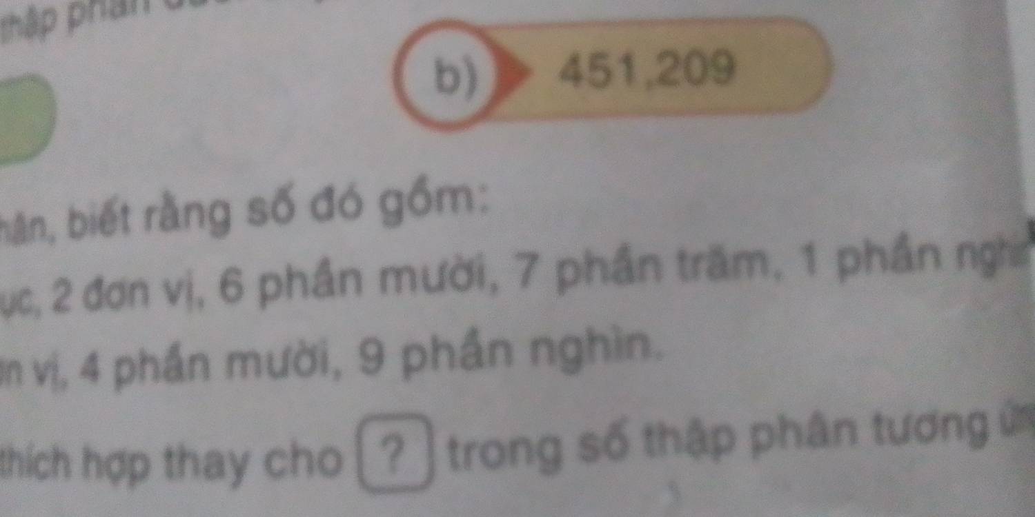 phập phân 
b) 451, 209
bận, biết rằng số đó gồm: 
Sục, 2 đơn vị, 6 phần mười, 7 phần trăm, 1 phần nghim 
Un vị, 4 phần mười, 9 phần nghìn. 
thích hợp thay cho trong số thập phân tương ứ