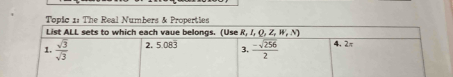 Topic 1: The Real Numbers & Properties